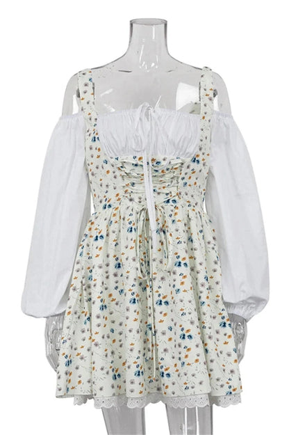 Lace Patchwork Square Collar Mini Dress