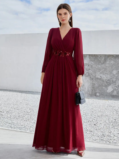 V-neck long sleeve beaded print extra long chiffon Dress Evening gown Ball dress Party dress Bridesmaid dress