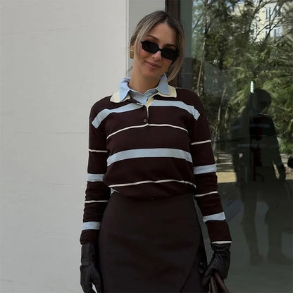 Fashion Stripe Women's T-shirt Casual Short Sleeve Female All Match Polo Shirts Summer New Ladies Loose Tops High Street