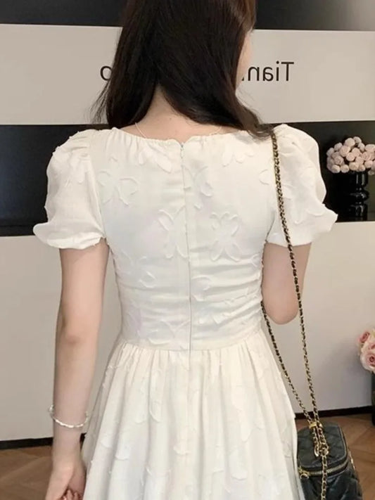 Elegant Midi Dresses for Women Summer New Puff Sleeve Square Collar A-line Casual Birthday Party Dress Korean One Piece Vestido