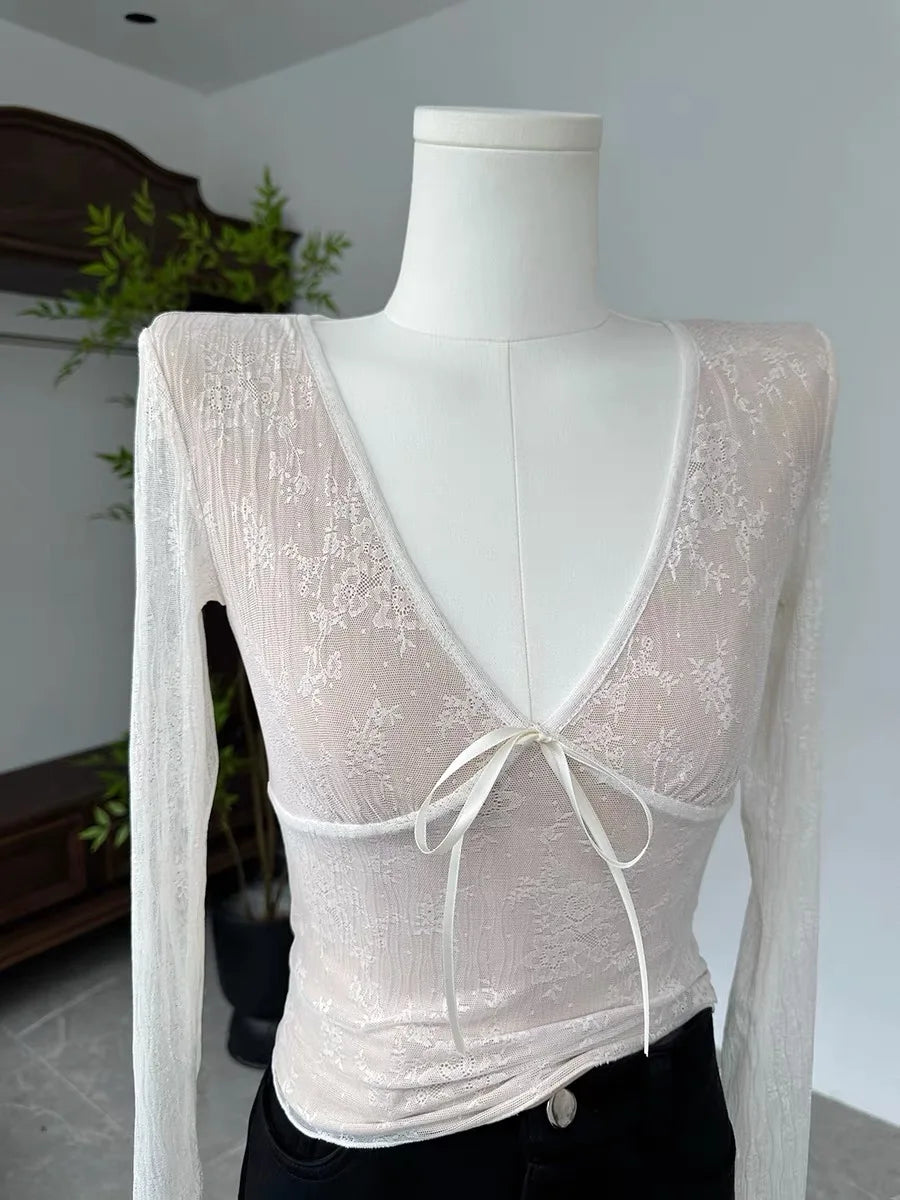 Coquette Aesthetic Mesh T Shirts Vintage V Neck Lace Bow Cropped Tops Y2k Slim Fit Long Sleeve Tee Shirts