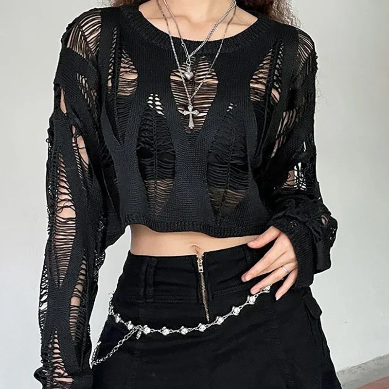Hole Hollow Out Y2K T-shirts Batwing Sleeve Knitted Shirt For Loose Streetwear Tops