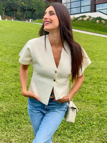 Fashion Knitted Vest Top for Women Short Sleeve V-neck Buttons Loose White Waistcoat Cardigan Female  Autumn New in Outwears