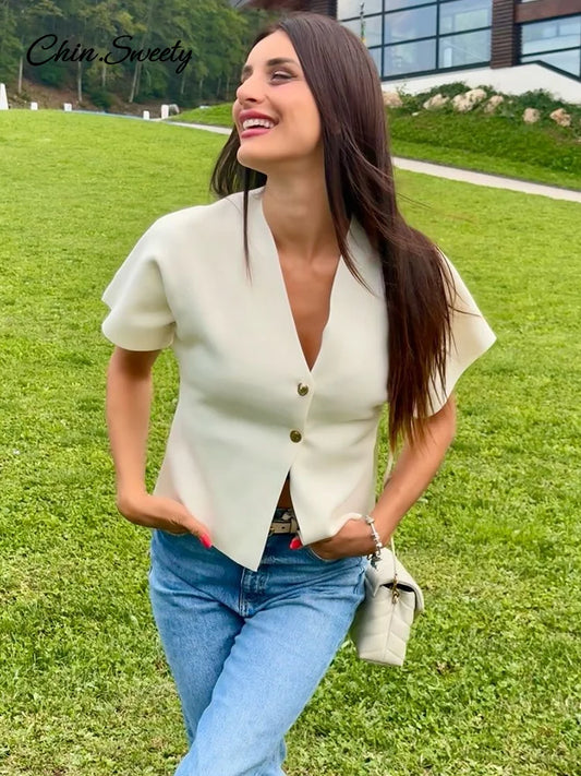 Fashion Knitted Vest Top for Women Short Sleeve V-neck Buttons Loose White Waistcoat Cardigan Female  Autumn New in Outwears