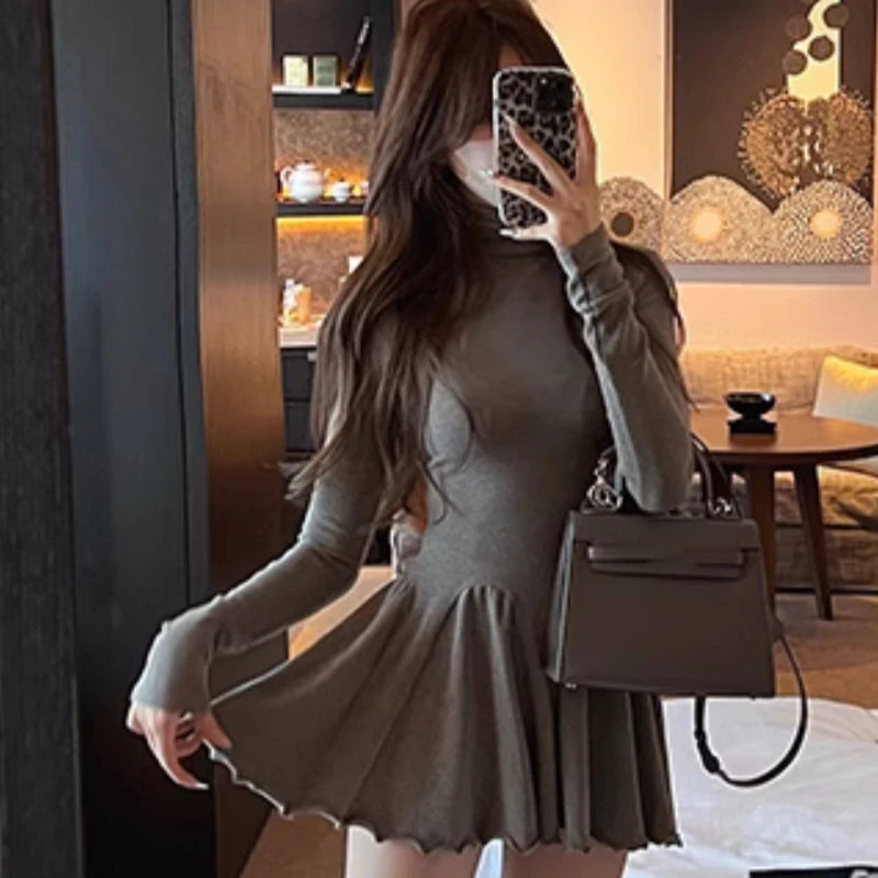 Autumn New Solid Mini Dresses Women Turtleneck Long Sleeve Ruffles A-line Casual Korean Fashion Female Clothing Vestidos Mujer