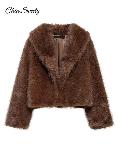 Brown Lapel Faux Fur Short Coat Women Fluffy Long Sleeve Warm Thick Loose Jacket  Autumn Winter Lady High Street Outwear _