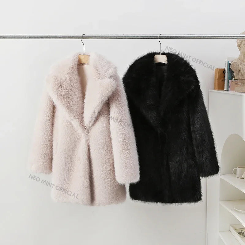 Lapels Faux Fur Coat Women  Winter Brand Designer Fluffy Fox Fur Jacket Luxury Furry Overcoats Girl Stylish Long Outerwear