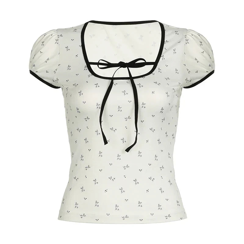 Voguable  Y2K Floral Print T-shirt Contrast Color Lace-up Square Collar Short Sleeve Tops French Style Cute Tees