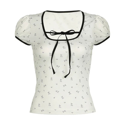 Voguable  Y2K Floral Print T-shirt Contrast Color Lace-up Square Collar Short Sleeve Tops French Style Cute Tees