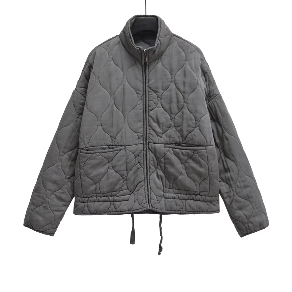 Winter New Women’s Clothing Style Commuting Leisure Warm Stand Collar Loose Pocket Diamond Grid Cotton Coat