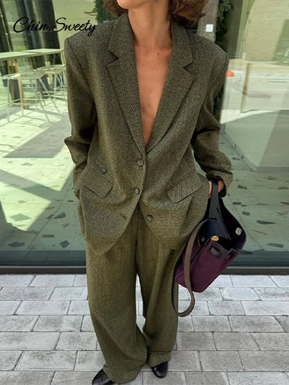 Elegant Coat Pant Sets Woman Fashion Lapel Long Sleeve Single Breasted Blazer Wide Leg Pants 2 Piece Set For Women Loose Outfits