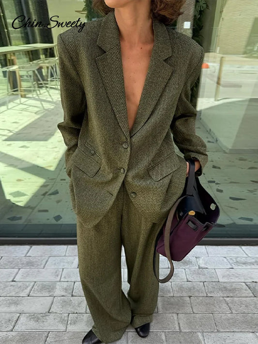 Elegant Coat Pant Sets Woman Fashion Lapel Long Sleeve Single Breasted Blazer Wide Leg Pants 2 Piece Set For Women Loose Outfits