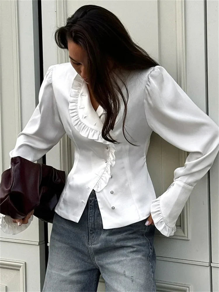 TAIVIMART  -  White Ruffled Vintage Shirts For Women Patchwork V-Neck Long Sleeve Autumn Elegant Streetwear Female Cardigan Blouses