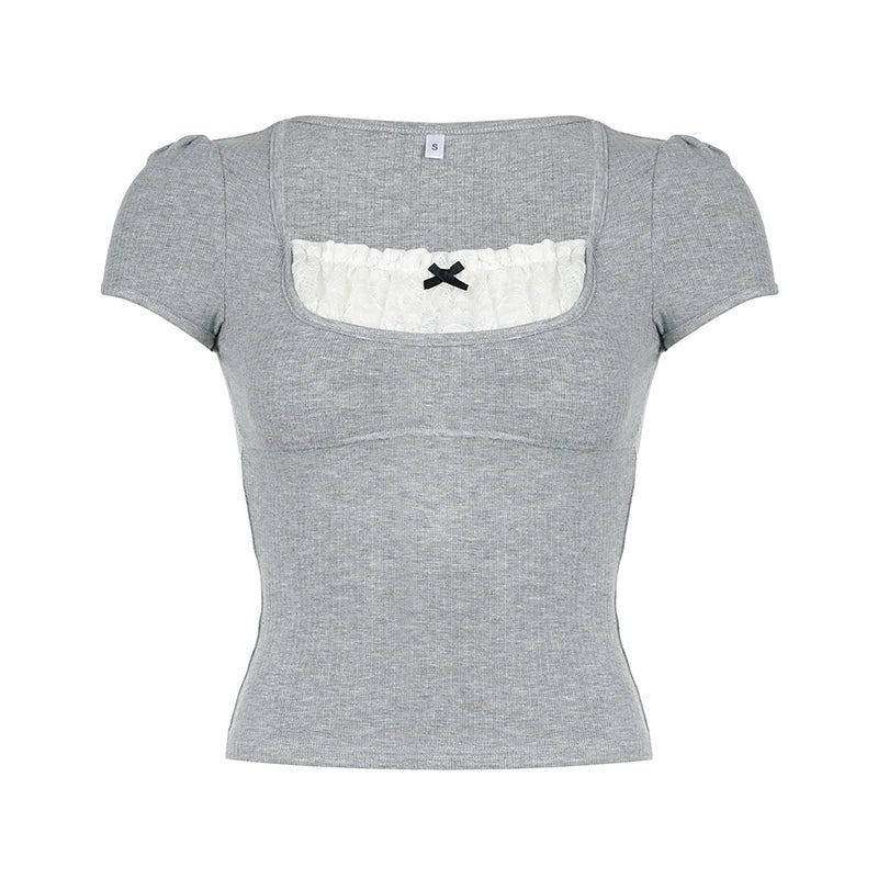 Voguable Y2K Contrast Lace Patchwork Knitted Top Cute Casual Basic Short Sleeve T-shirts Coquette Square Collar Tee