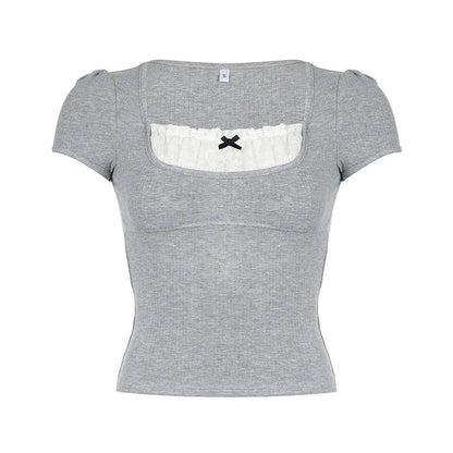 Voguable Y2K Contrast Lace Patchwork Knitted Top Cute Casual Basic Short Sleeve T-shirts Coquette Square Collar Tee
