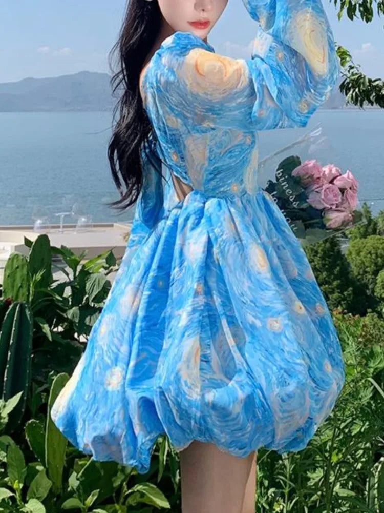 Elegant Printed Short Dresses for Women Backless Holiday Beach Style Lantern Sleeves A-line Floral Mini One Piece Vestido Mujer