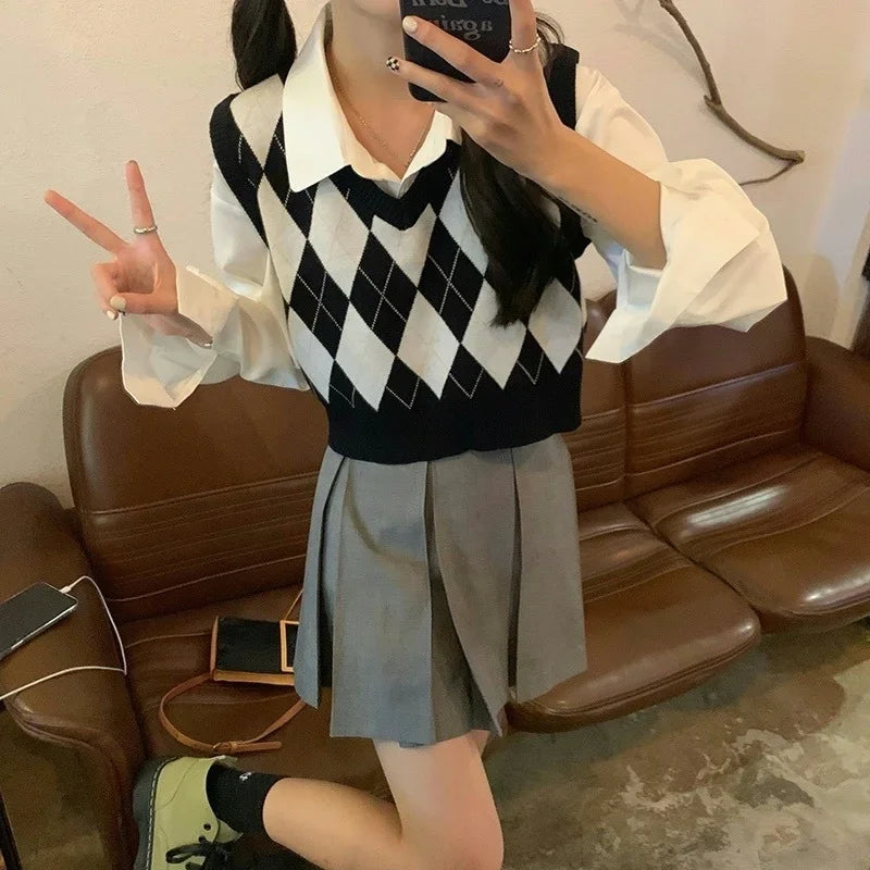 Vintage V-neck Plaid Sweater Vest Women Autumn Winter Vintage Knit Sweaters Pullover Loose Korean Knitwear Tops Pull Femme