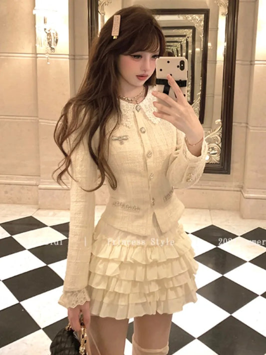 French Vintage 2-piece Set Tweed Lace Patchwork Single Breasted Coat Ruffles Cake Mini Skirt Korean Fashion Autumn Outfits New