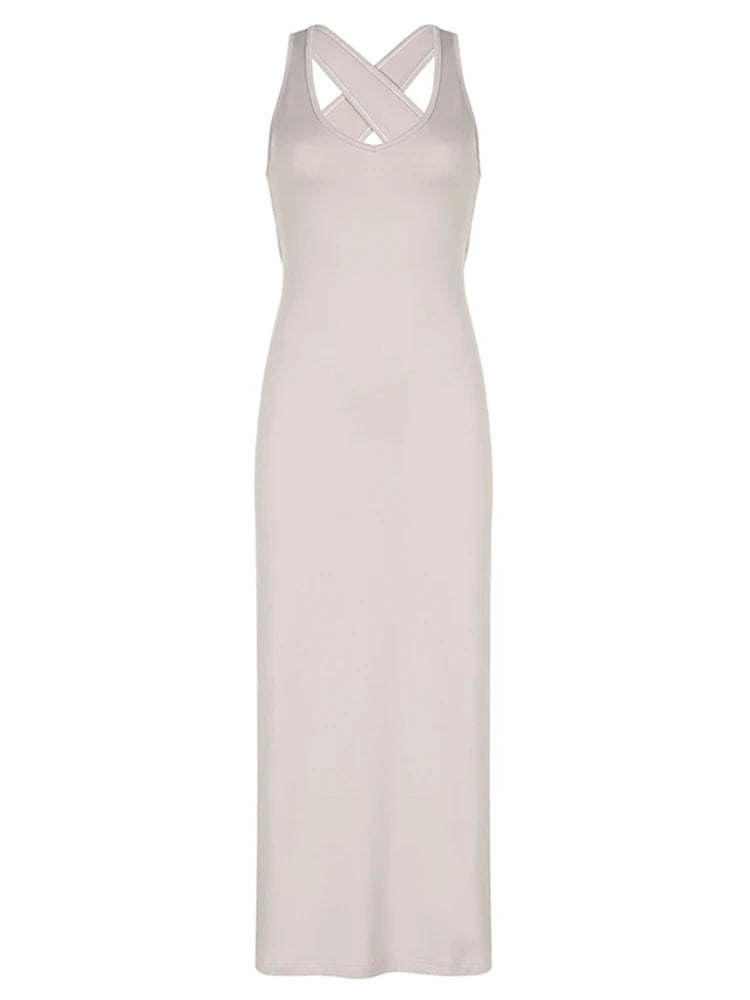Cross Backless Sexy Long Boho Halter Dresses For Women Khaki Solid Split Elegant Simple Summer Vacation Dress