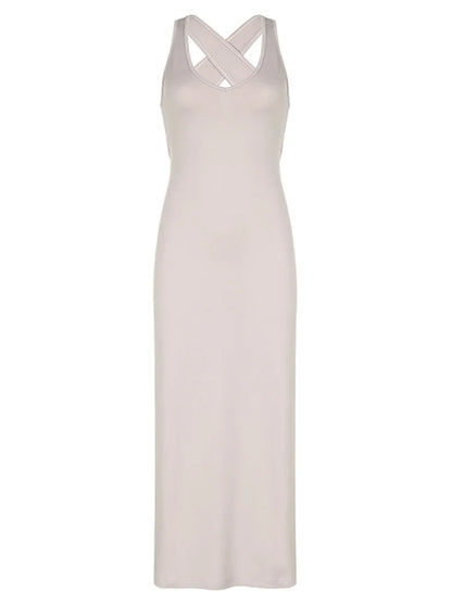 Cross Backless Sexy Long Boho Halter Dresses For Women Khaki Solid Split Elegant Simple Summer Vacation Dress