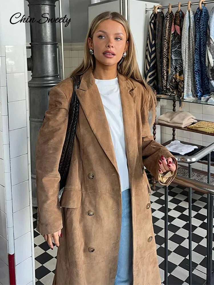 Fashion Lapel Suede Long Jacket Women Elegant Oversized Double-breasted Trench Overcoat  Autumn Lady Commute Outerwear New