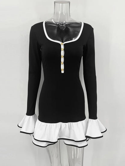 Ruffled Backless Tee Bow Mini Dress Female Slim High Waist Fashion Elegant Party Dress Commute Clothes Autumn Dress