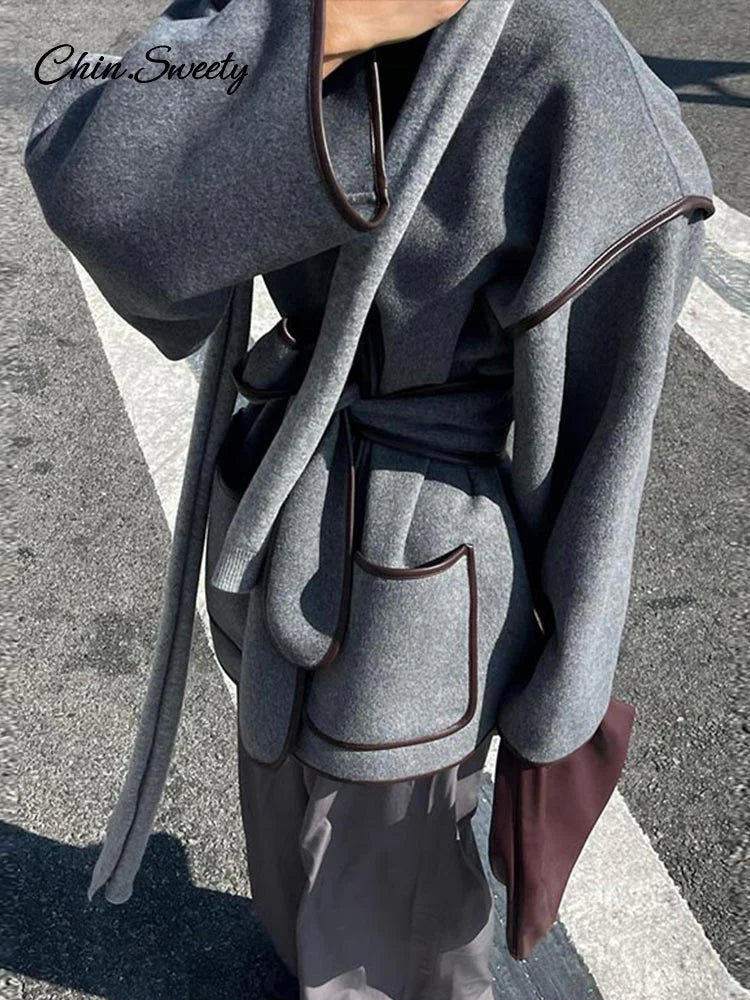 Elegant Patchwork Belt Women’s Coats Women Contrast V-neck Long Sleeve Pocket Female Overcoats  Autumn Lady New in Outwear