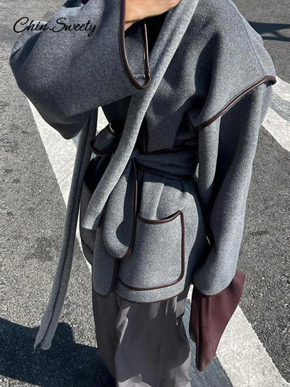 Elegant Patchwork Belt Women’s Coats Women Contrast V-neck Long Sleeve Pocket Female Overcoats  Autumn Lady New in Outwear
