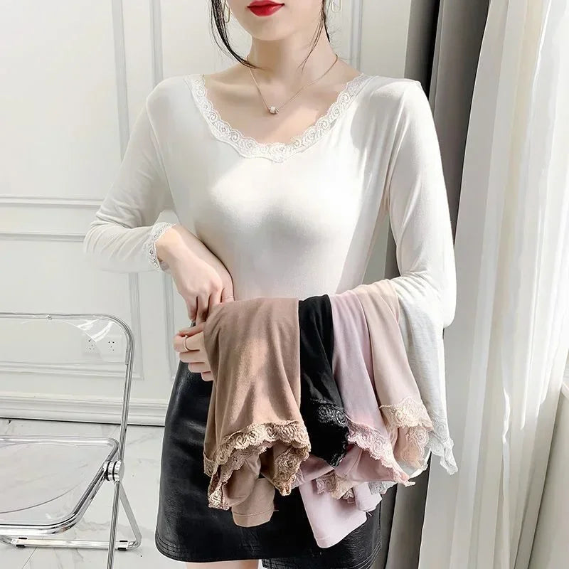 First Layer Winter Women’s Thermal Men Winter Clothes Thin Modal Lace Lingerie Women Thermal Shirt Clothing Top Woman
