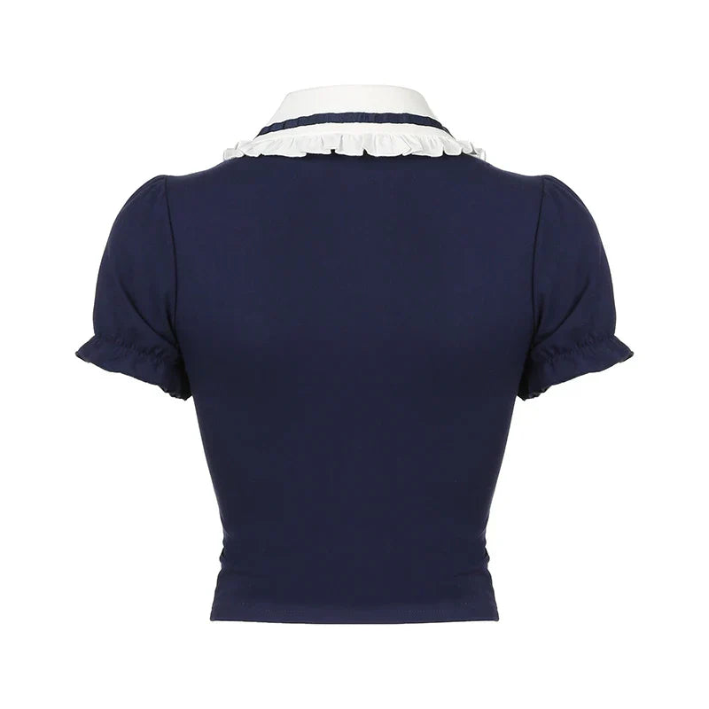 Voguable Preppy Style Contrast Patchwork Bow Peter Pan Collar Top Cute Puff Sleeve T-shirt Y2K