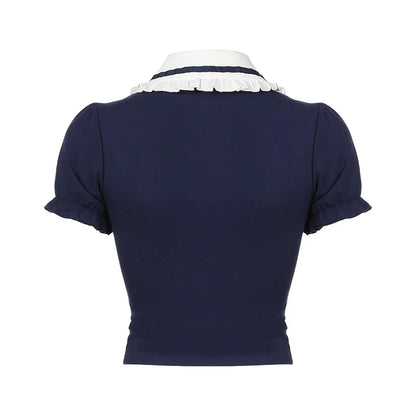 Voguable Preppy Style Contrast Patchwork Bow Peter Pan Collar Top Cute Puff Sleeve T-shirt Y2K