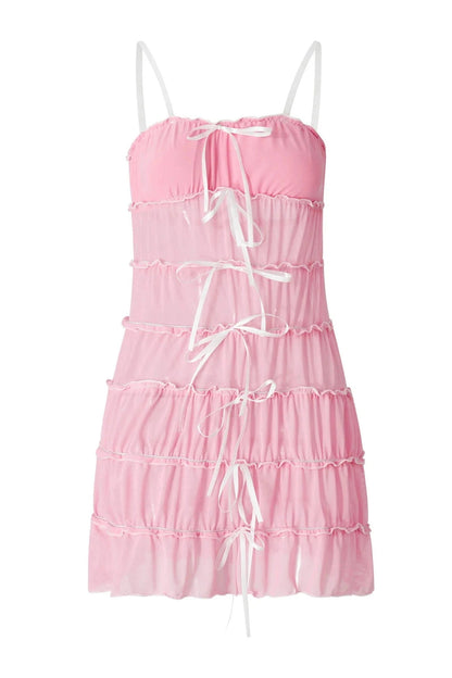 Pleated Mini Dress with Spaghetti Straps and See-Through Detail