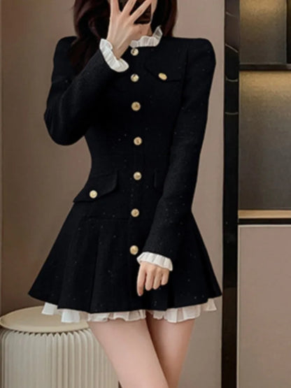 Women Fashion Tweed Plaid Short Dress Autumn Winter New Spliced Pleated Single Breasted Vestidos Female Elegant Chic Clothes