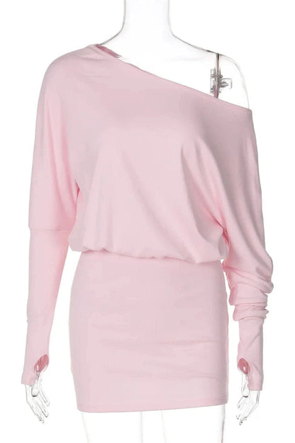 Patchwork One-Shoulder Slim Fit Long Sleeve Mini Dress