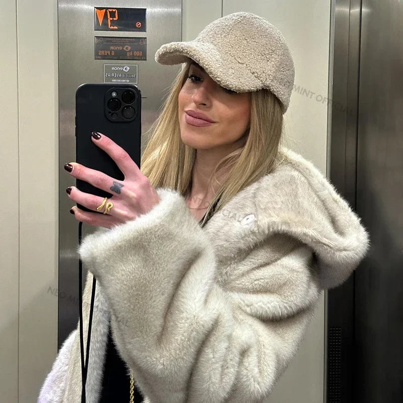 Belted Faux Mink Fur Coat Women  Winter Beige Gradient Furry Fur Jacket Luxury Brand Hooded Warm Outerwear Overcoat