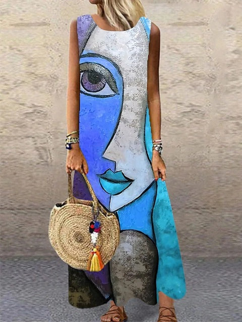 Vintage Print Sleeveless Long Dresses Women Fashion Summer O Neck Loose Maxi Dress Temperament Commuting Clothing Vestido Female