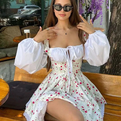 Puff Sleeve Suspender Dress Women Fake Two Pieces Flower Strapless Ruffles Splice Long Sleeve Lace Up Party Dress Summer