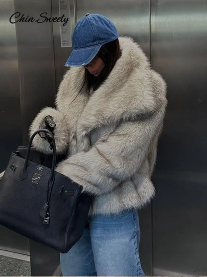 Winter Gradient Faux Fur Coat Women Luxury Big Fur Collar Pockets Loose Jacket Female  Fashion Lady High Street Overcoats