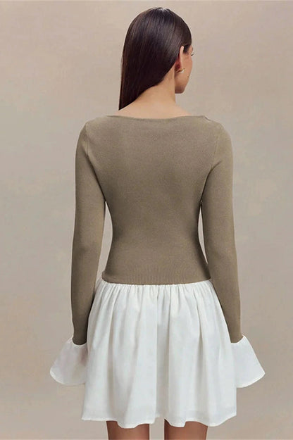 Patchwork High Waist Mini Dress with Long Sleeves