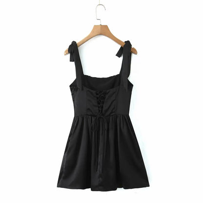 2025 Pleated Design Tie-up Sleeveless Summer Dresses Women Solid Color Slim Fit Mini Dress Simple Fashion Party Dress