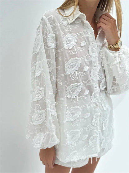 Printed See-Through Sexy Outfits Female Patchwork Cardigan Shirts And Lace-Up High Waist Shorts Sets Autumn 2 Piece-Set