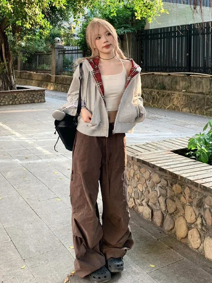TAVIMART  -  Vintage Plaid Patchwork Hoodies Women Gray 90s Retro Sweatshirt with Zipper Oversized Streetwear Autumn Winter Clothes