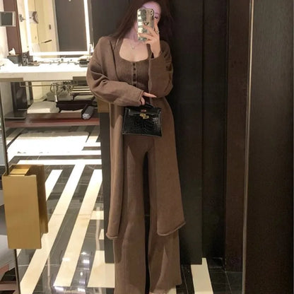 Autumn Winter New Knitted 3-piece Set Women Halter Vest Long Cardigan Long Pants Casual Solid Korean Fashion Female Outfits