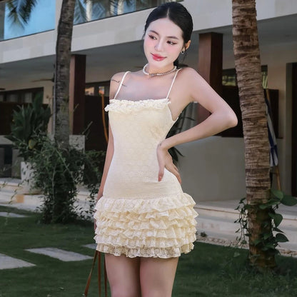 Spaghetti Strap Ruffles Sleeveelss Short Women’S Dresses Summer Casual Elegant Evening Party Bubble Fashion Clothing