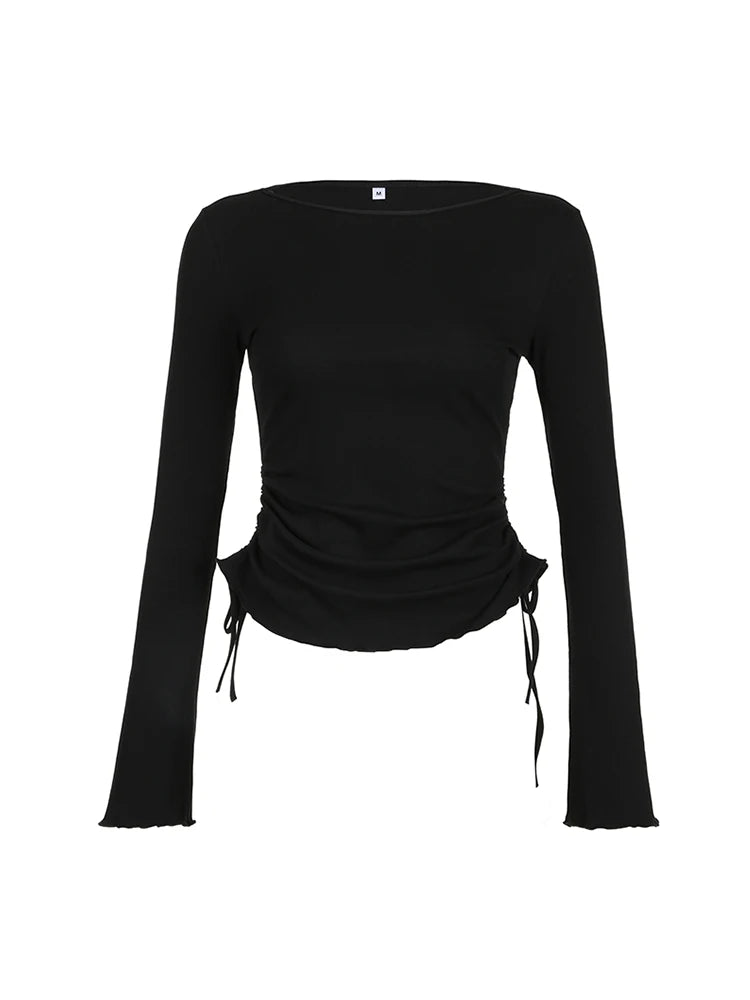 Black Solid Ribbed O Neck Slim Long Sleeve Basic Long Sleeve T Shirt Women Side Shirring Lace-Up Chic Fashion Elegant Simple Tee