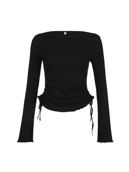 Black Solid Ribbed O Neck Slim Long Sleeve Basic Long Sleeve T Shirt Women Side Shirring Lace-Up Chic Fashion Elegant Simple Tee