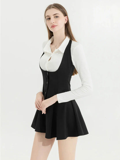 Voguable Korean Y2k Two Piece Sets Outfits Office Skirt Sets Lapel Cardigan Crop Tops + Suspender Mini Skirt Elegant Clothes