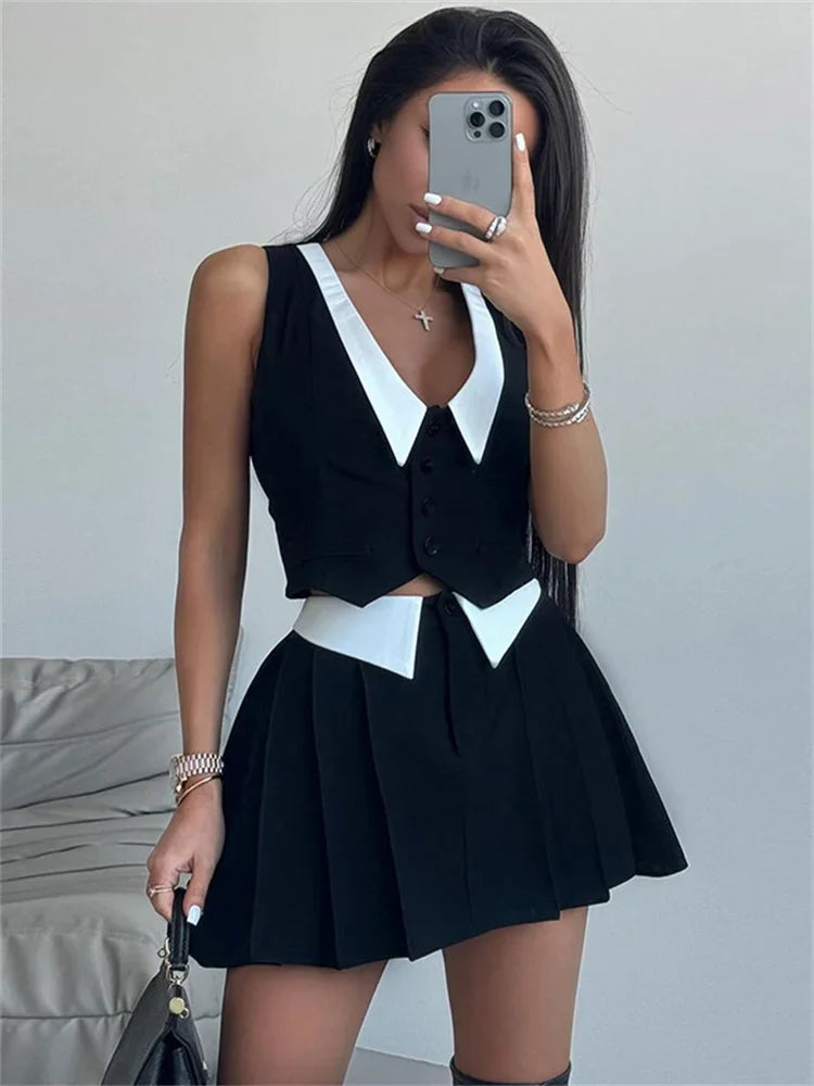 Summer Sexy 2 Piece-Set Skirt Female 2025 V-Neck Sleeveless Vestidos And High Waist Pleated Skirts Sets Women’s Clothes
