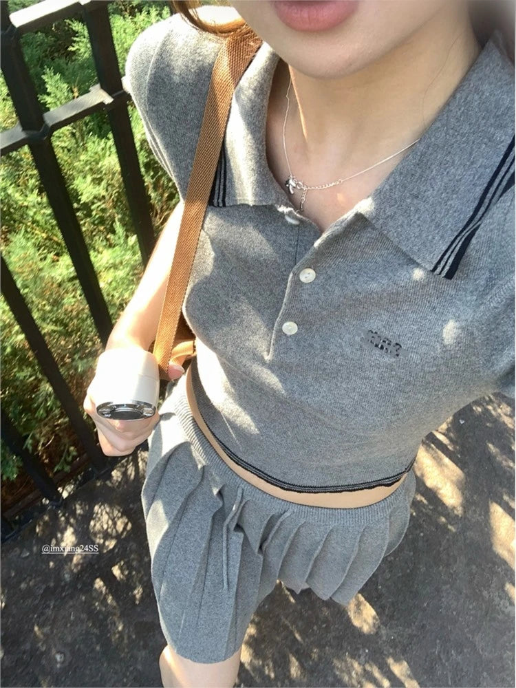 Casual Autumn Knitted Two-piece Skirt Outfits Women Short Sleeve Cropped Top Pleated Mini Skirt Korean Fashion Knitting Set New