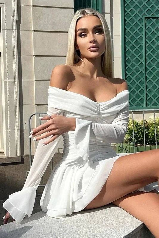 Off-Shoulder Long Sleeve Mini Dress with Pleated High Waist Slim Fit